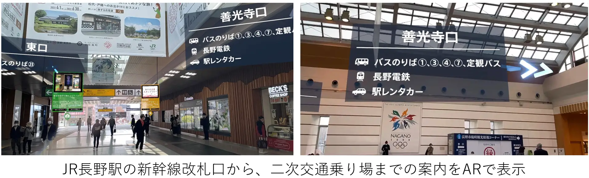 JR長野駅の新幹線改札口から、二次交通乗り場までの案内をARで表示画像